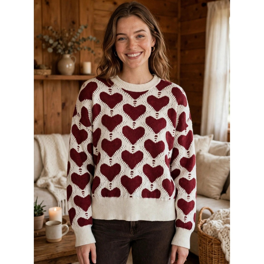 Nanette Lepore Women Red Heart Distressed Print Valentine Sweater Sz XL  Holiday